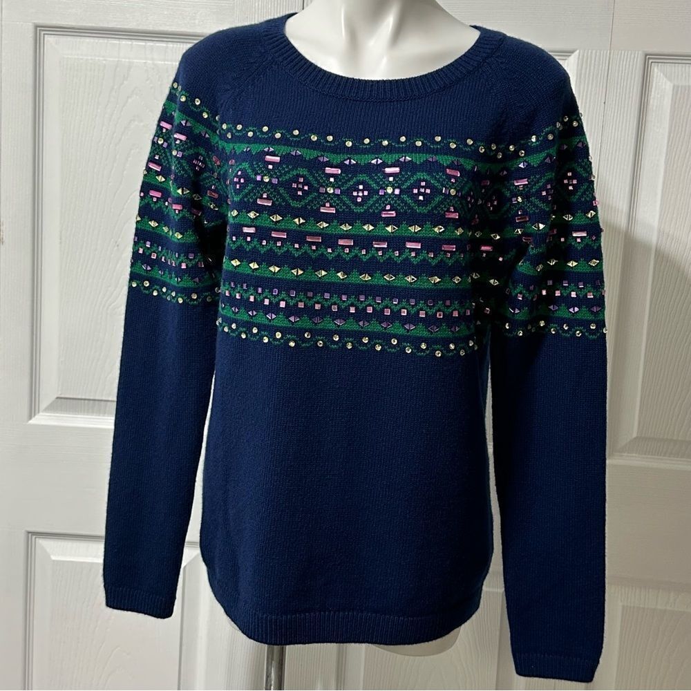 Talbots Lambswool Bejeweled Holiday Sweater Large